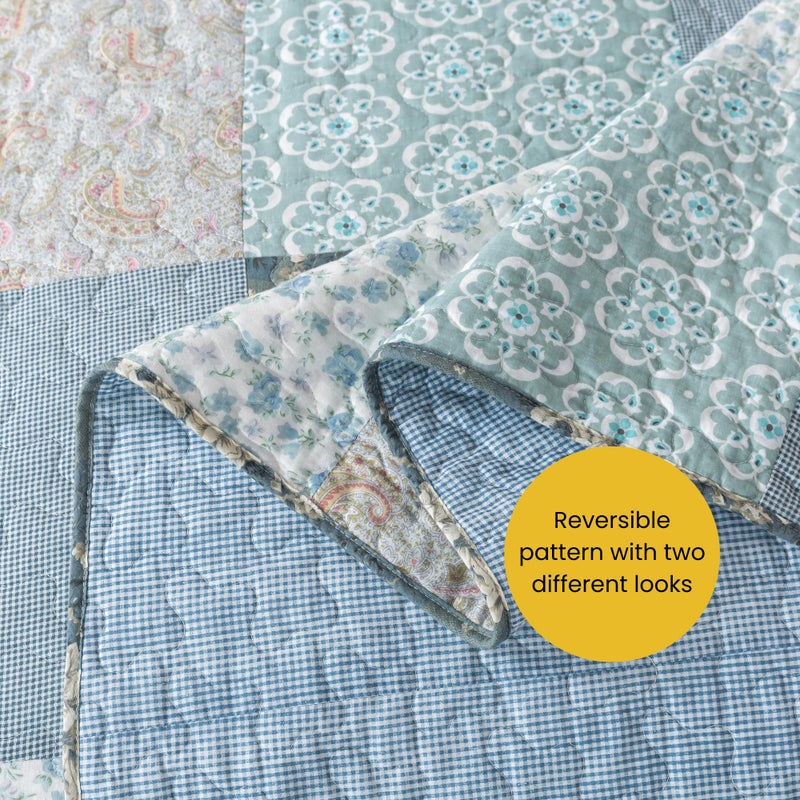 SLPR Wildflowers Cotton Quilt Set - Queen Size with 2 Shams, Blue Gray Floral Pieced Patchwork Design, Country Quilted Bedspread with Flower Pattern, Cottage Style Bedding for All Seasons - Image 5